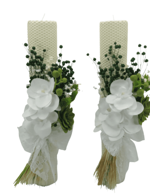 Lumanare nuntabotez ceara naturala cu flori uscate si silicon alb verde ILIF309035 1
