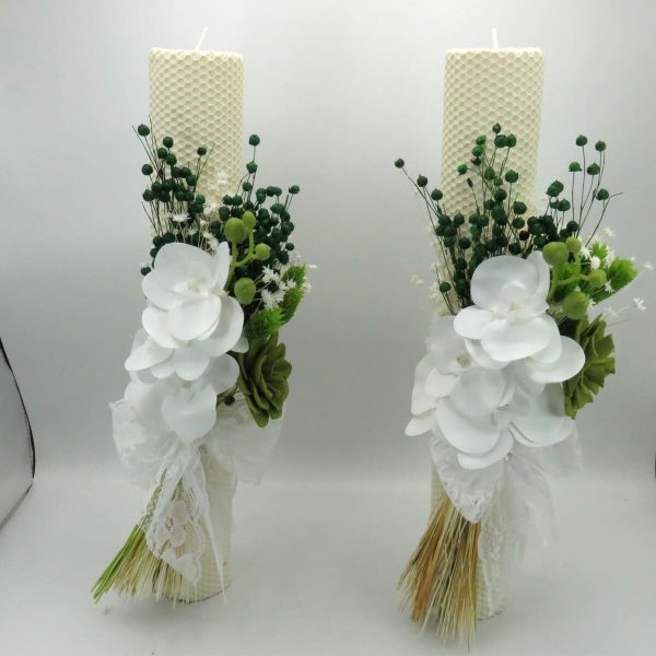 Lumanare nuntabotez ceara naturala cu flori uscate si silicon alb verde ILIF309035 1