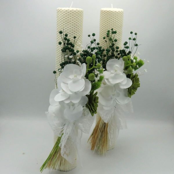 Lumanare nuntabotez ceara naturala cu flori uscate si silicon alb verde ILIF309035 2