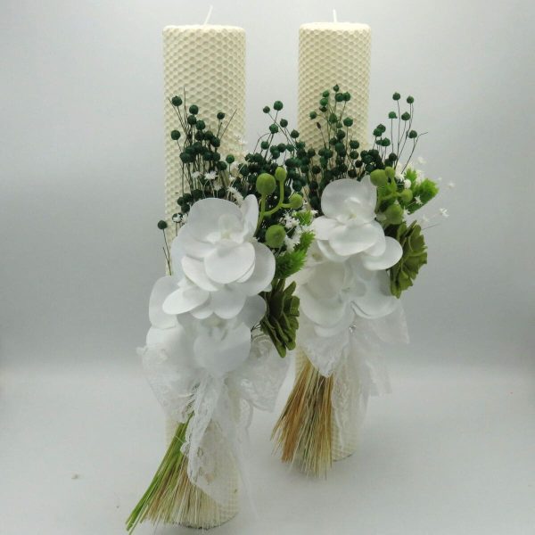 Lumanare nuntabotez ceara naturala cu flori uscate si silicon alb verde ILIF309035 3