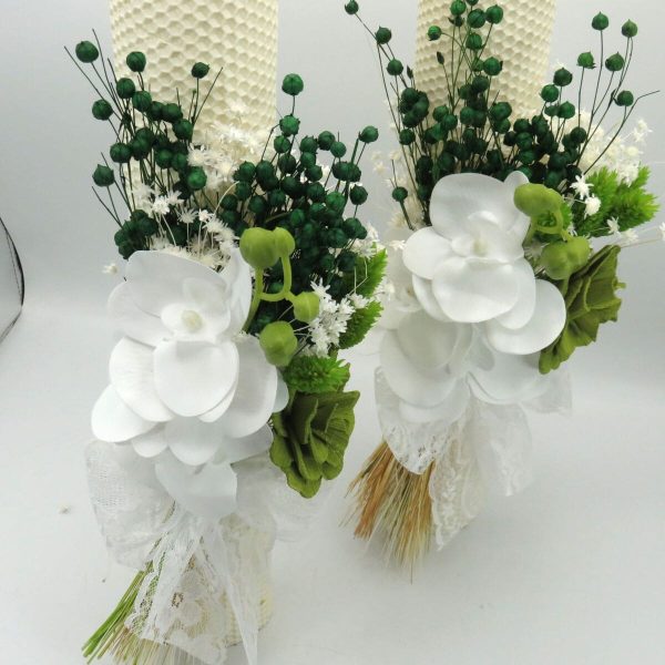Lumanare nuntabotez ceara naturala cu flori uscate si silicon alb verde ILIF309035 4