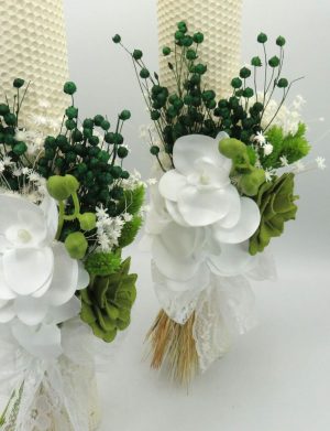 Lumanare nunta/botez, ceara naturala cu flori uscate si silicon, alb-verde – ILIF309035