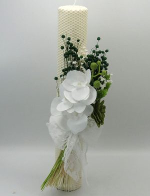 Lumanare nunta/botez, ceara naturala cu flori uscate si silicon, alb-verde – ILIF309035