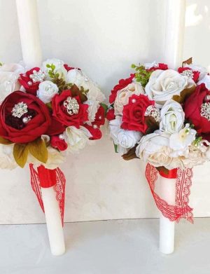 Lumanare subtire decorata cu flori de matase si bijuterii, rosu-alb – FEIS309011