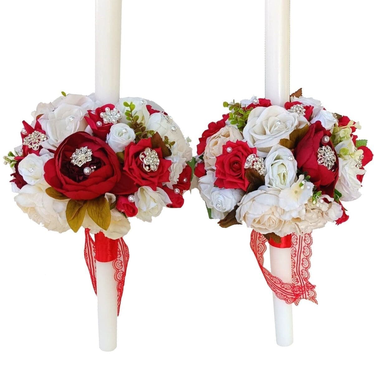 Lumanare subtire decorata cu flori de matase si bijuterii, rosu alb FEIS309011 (6)