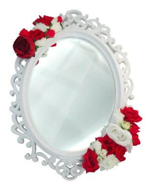 Oglinda miresei, forma ovala in stil victorian, lucrata cu flori de matase, model alb – ILIF309049