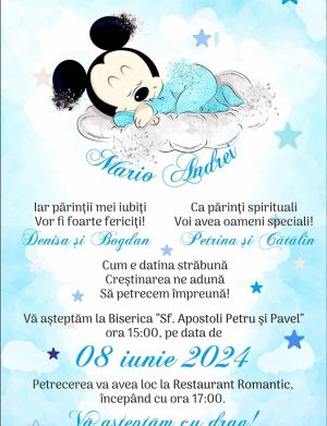 Invitație digitală botez Băiețel, personalizată cu Baby Mickey – MIBC309002