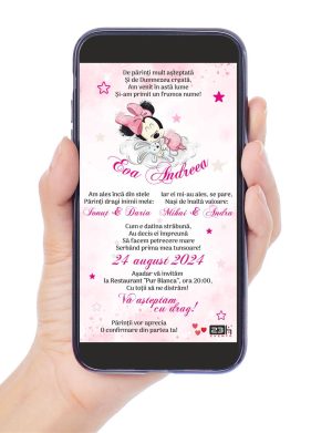 Invitație digitală Moț fetiță, Aniversare 1 an, personalizată cu Baby Minnie – MIBC309003