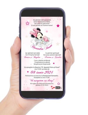 Invitație digitală botez Fetiță, personalizată cu baby Minnie – MIBC309001