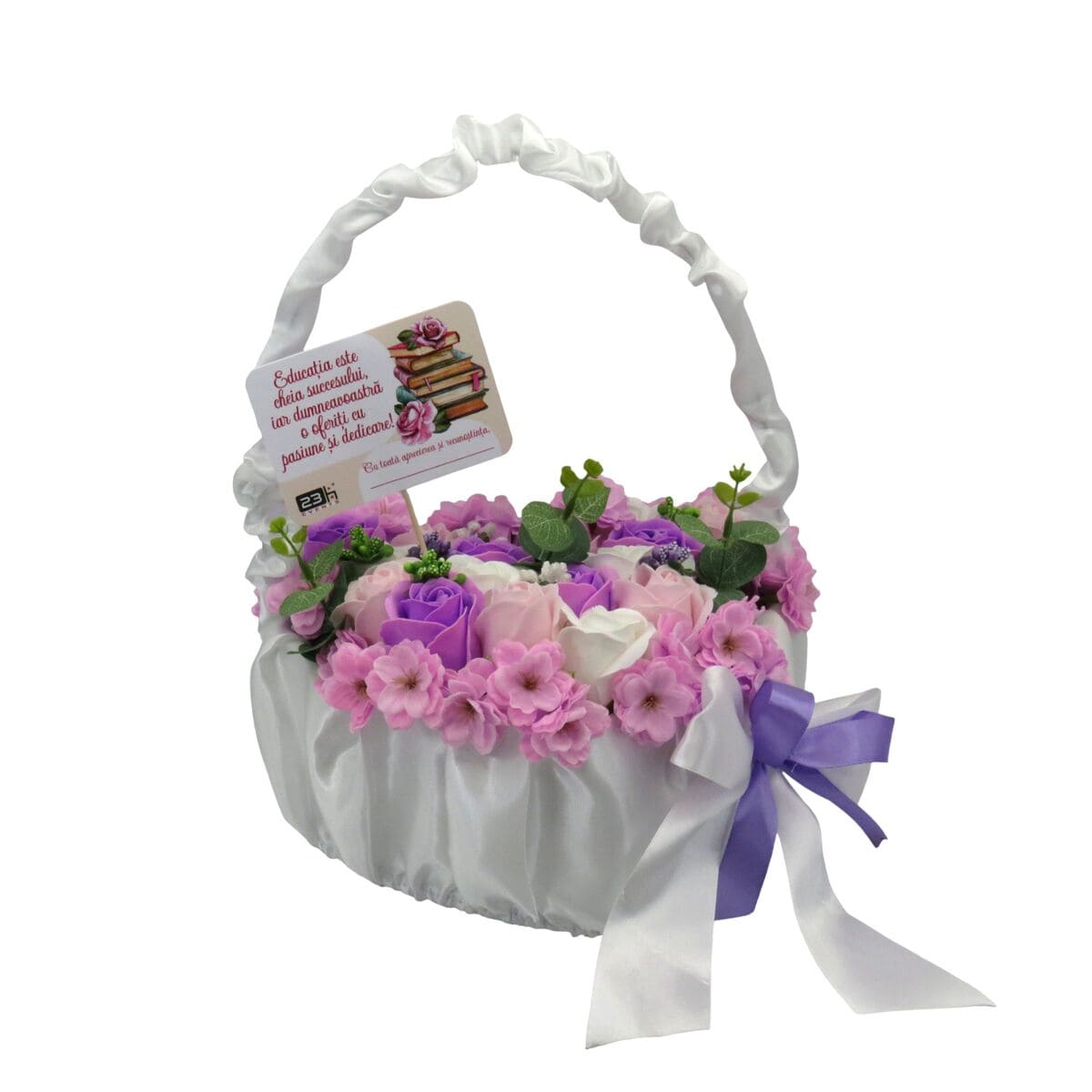 Aranjament cadou pentru cadre didactice, cu flori de sapun in cosulet, roz mov ILIF310041 (2)
