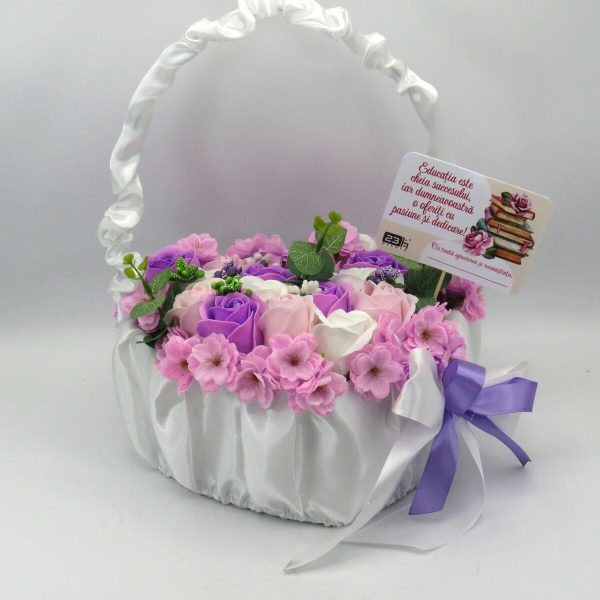 Aranjament cadou pentru cadre didactice, cu flori de sapun in cosulet, roz mov ILIF310041 (4)