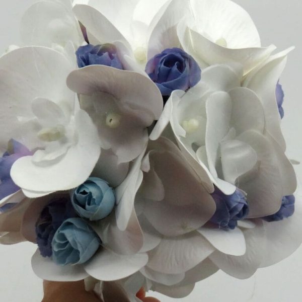 Buchet mireasa Mini Bride, model deosebit cu orhidee din silicon real touch, alb&bleu ILIF310049 (4)