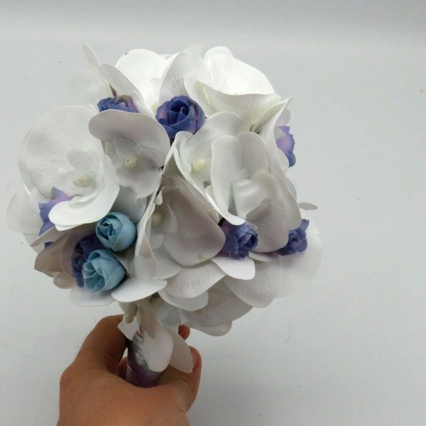 Buchet mireasa Mini Bride, model deosebit cu orhidee din silicon real touch, alb&bleu ILIF310049 (5)