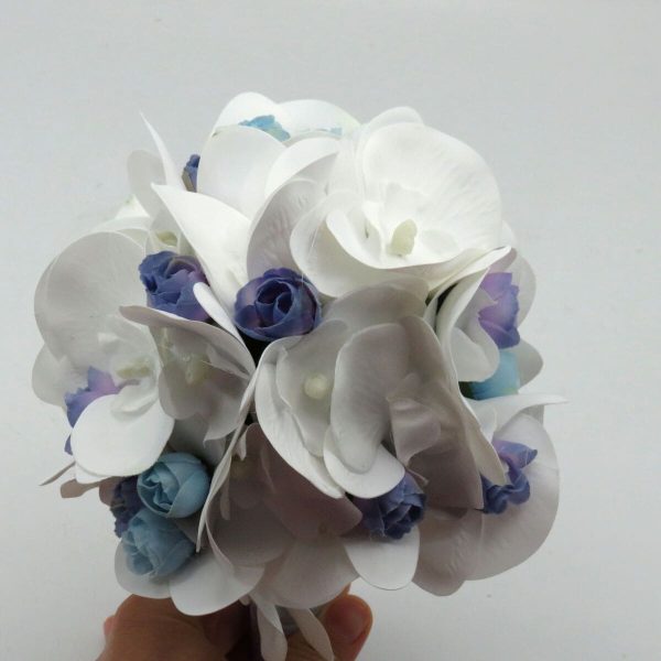 Buchet mireasa Mini Bride, model deosebit cu orhidee din silicon real touch, alb&bleu ILIF310049 (6)