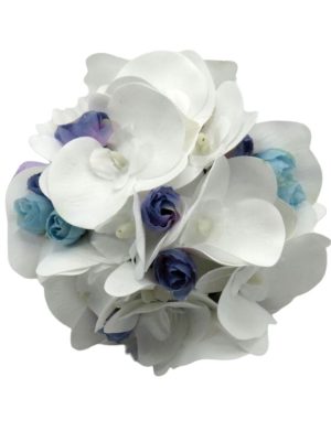 Buchet Mireasa / Mini Bride, model deosebit cu orhidee din silicon real-touch, alb&bleu – ILIF310049