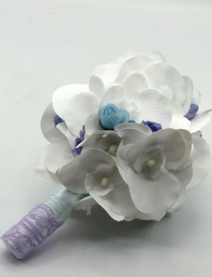 Buchet Mireasa / Mini Bride, model deosebit cu orhidee din silicon real-touch, alb&bleu – ILIF310049