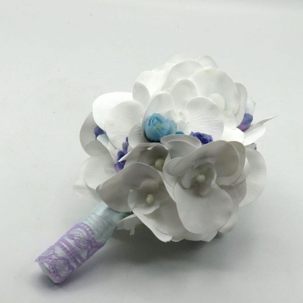 Buchet mireasa Mini Bride, model deosebit cu orhidee din silicon real touch, alb&bleu ILIF310049 (9)