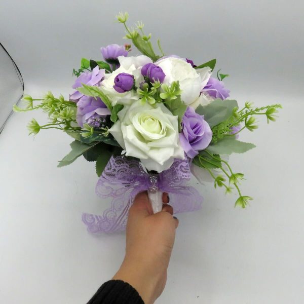 Buchet mireasanasa cu flori de matase, mov lila&alb – ILIF310046 (2)