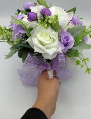 Buchet mireasa/nasa cu flori de matase, mov-lila&alb – PRIF310046