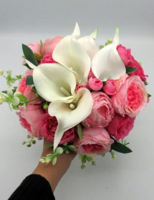 Buchet mireasa/nasa cu flori de matase si cale din silicon real-touch, roz&alb – ILIF310045