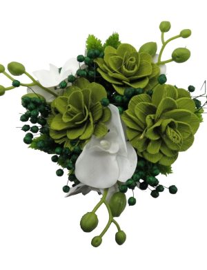 Buchet mireasa/nasa cu flori uscate si orhidee din silicon, alb&verde – ILIF310048
