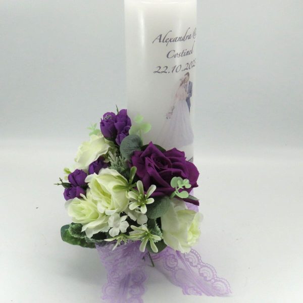 Lumanare Nunta, model personalizat, decor cu flori de matase, mov ILIF310027 (2)