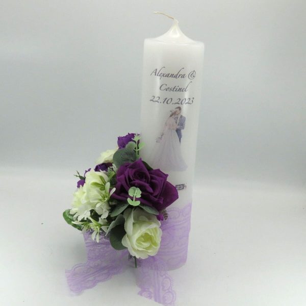 Lumanare Nunta, model personalizat, decor cu flori de matase, mov ILIF310027 (4)