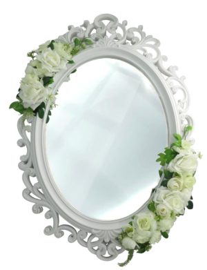 Oglinda miresei, forma ovala in stil victorian, lucrata cu flori de matase, model alb-verde – ILIF310057