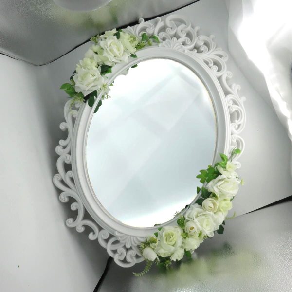 Oglinda miresei, forma ovala in stil victorian, lucrata cu flori de matase, model alb verde ILIF310057 (9)