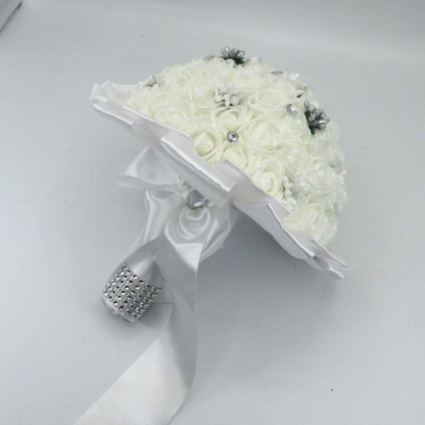 Buchet mireasa cu flori de spuma, alb argintiu ILIF311047 (10)