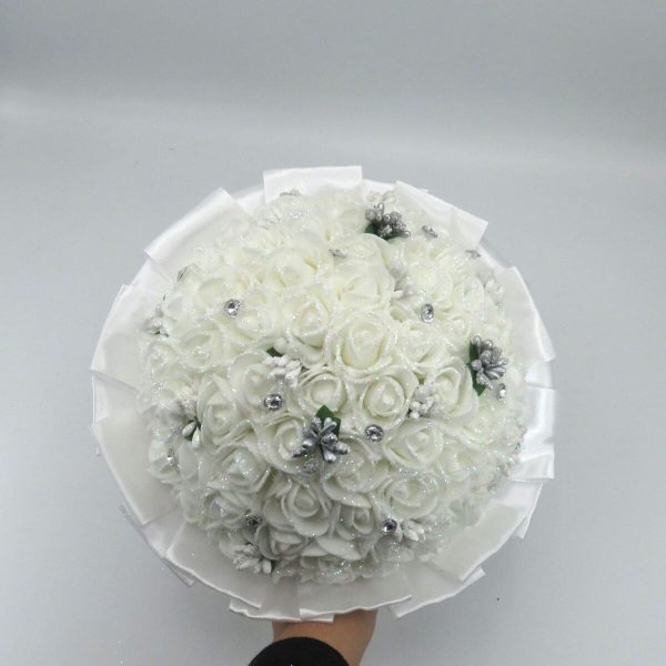 Buchet mireasa cu flori de spuma, alb argintiu ILIF311047 (3)