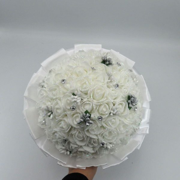 Buchet mireasa cu flori de spuma, alb argintiu ILIF311047 (5)