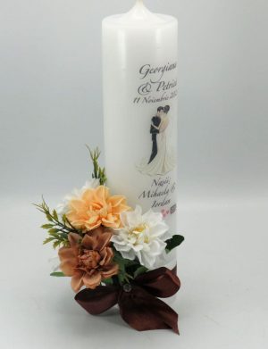 Lumanare Nunta, model personalizat, decor cu flori de matase, nuante de maro – ILIF311042