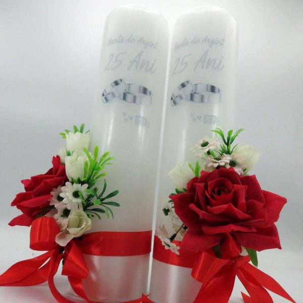 Lumanare nunta aniversare 25 ani, decorata cu flori de matase, rosu alb ILIF311030 (1)