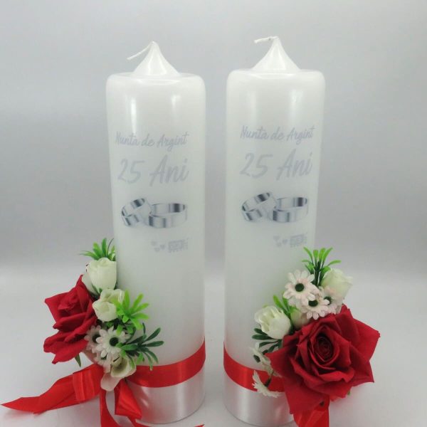 Lumanare nunta aniversare 25 ani, decorata cu flori de matase, rosu alb ILIF311030 (2)