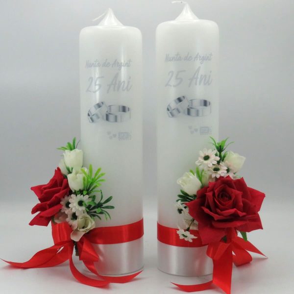 Lumanare nunta aniversare 25 ani, decorata cu flori de matase, rosu alb ILIF311030 (4)