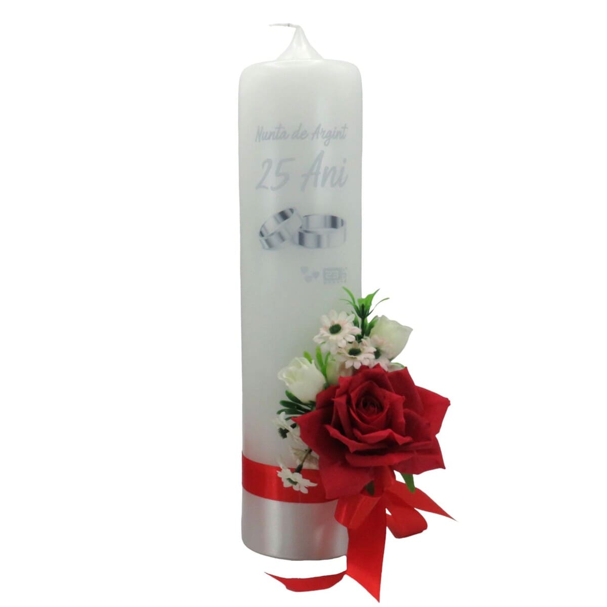Lumanare nunta aniversare 25 ani, decorata cu flori de matase, rosu alb ILIF311030 (6)