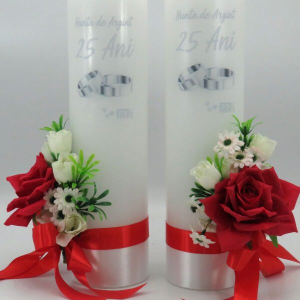 Lumanare nunta aniversare 25 ani, decorata cu flori de matase, rosu alb ILIF311030 (8)