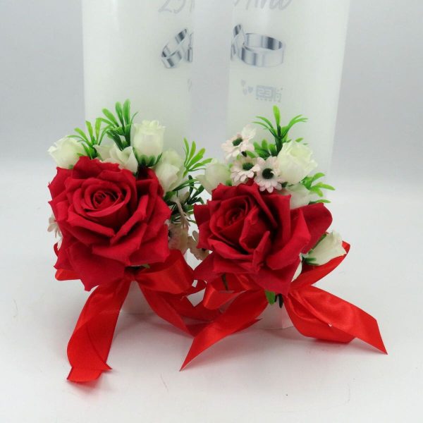 Lumanare nunta aniversare 25 ani, decorata cu flori de matase, rosu alb ILIF311030 (9)