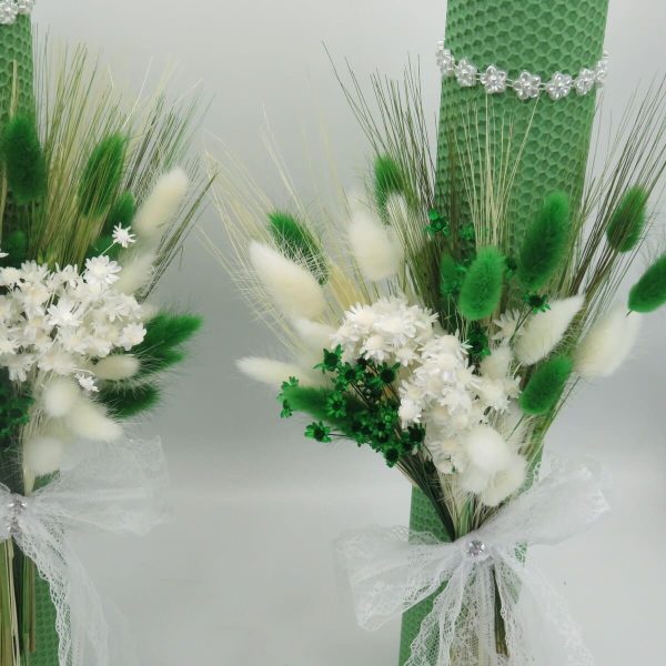 Lumanare nuntabotez, ceara naturala cu flori uscate, verde alb ILIF311027 (1)