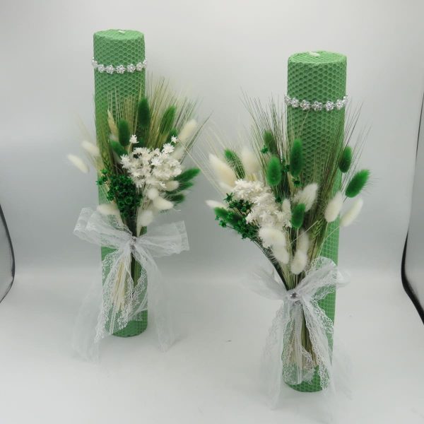 Lumanare nuntabotez, ceara naturala cu flori uscate, verde alb ILIF311027 (2)