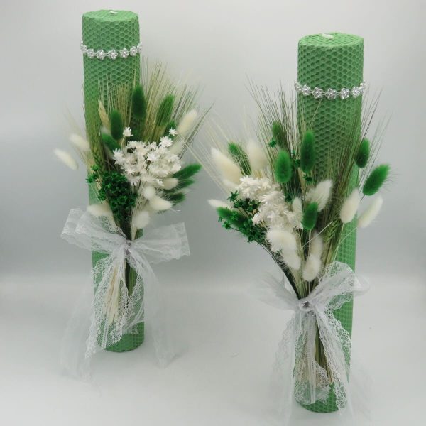 Lumanare nuntabotez, ceara naturala cu flori uscate, verde alb ILIF311027 (4)