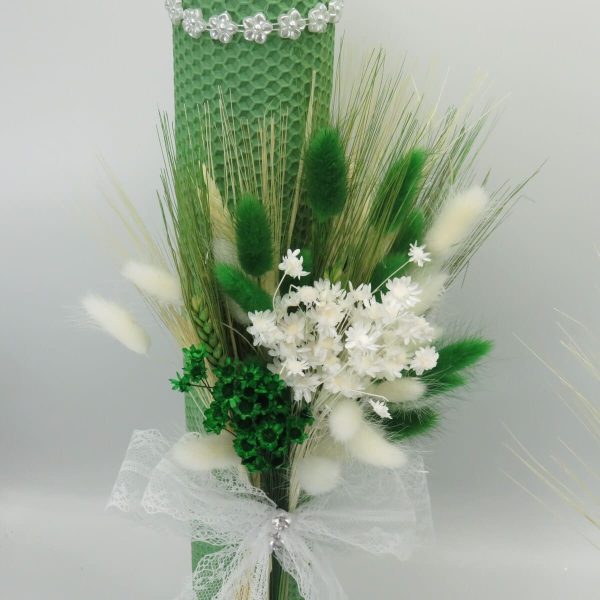 Lumanare nuntabotez, ceara naturala cu flori uscate, verde alb ILIF311027 (6)