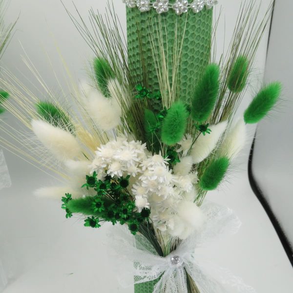 Lumanare nuntabotez, ceara naturala cu flori uscate, verde alb ILIF311027 (7)