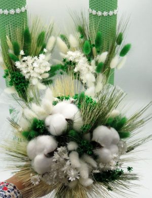 Set 2 lumanari cununie ceara naturala + buchet mireasa, flori uscate verde&alb – ILIF311028