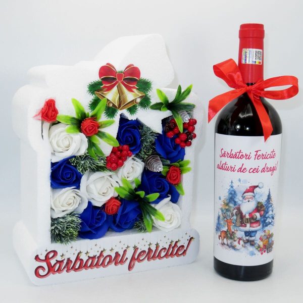 Set cadou Craciun, aranjament floral si sticla vin Sarbatori Fericite ILIF311049 (4)
