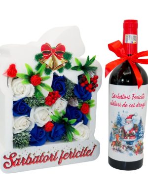 Set cadou Craciun, aranjament floral si sticla vin Sarbatori Fericite ILIF311049 (5)