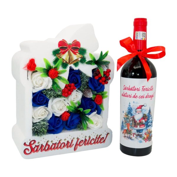 Set cadou Craciun, aranjament floral si sticla vin Sarbatori Fericite ILIF311049 (5)
