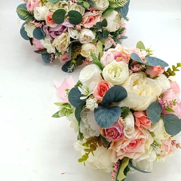 Buchet mireasa mica domnisoara de onoare pentru aruncat, model cu flori de matase alb roz FEIS312023 (7)