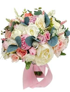 Buchet mireasa/nasa, model deosebit cu flori de matase, alb-roz – FEIS312022